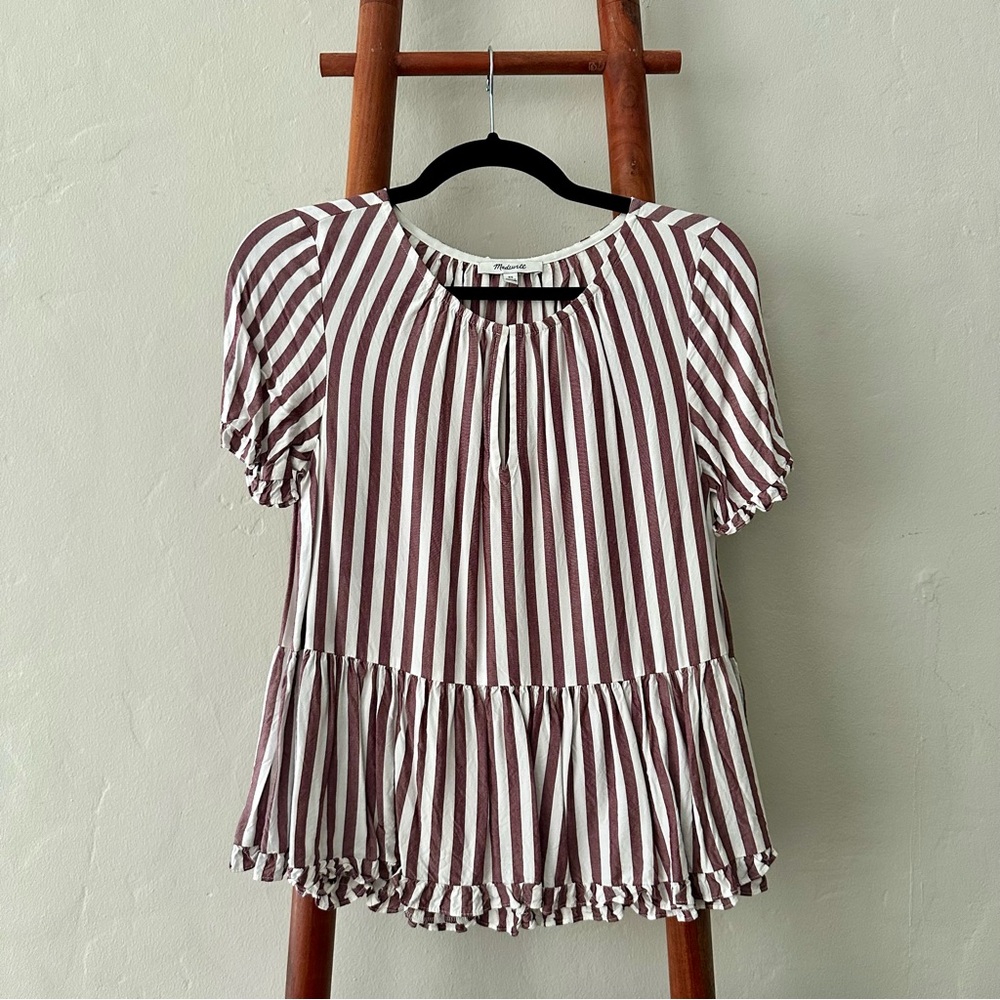 Madewell Stanza Ruffle Hem Top - Mauve Vertical Stripe (EUC, Size XS) - Picture 4 of 7
